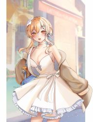 Rule 34 | bag, blonde hair, bow, breasts, breasts apart, cleavage, collarbone, dating, dress, genshin impact, highres, jacket, jacket on shoulders, light, looking at viewer, lumine (genshin impact), open mouth, shoulder bag, smile, solo, unosaki2, white dress, yellow background, yellow eyes