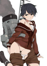 Rule 34 | 10s, 1girl, black hair, blush, breasts, brown eyes, censored, clothes pull, highres, kantai collection, large breasts, mogami (kancolle), ningen (ningen96), nipples, novelty censor, off shoulder, panties, panty pull, ship, short hair, shorts, shorts pull, smile, smokestack, solo, steam, underwear, watercraft