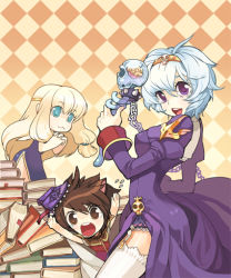 Rule 34 | 1boy, 2girls, :3, blonde hair, blue eyes, book, book stack, breasts, brown capelet, brown eyes, brown hair, cape, capelet, chain, checkered background, closed mouth, commentary request, cowboy shot, dress, flying sweatdrops, garter straps, habit, holding, holding staff, juliet sleeves, long hair, long sleeves, looking at viewer, medium breasts, monster, multiple girls, open mouth, own hands together, priest (ragnarok online), puffy sleeves, purple dress, purple eyes, ragnarok online, red shirt, rideword (ragnarok online), shirt, short hair, skull, sleeveless, sleeveless shirt, staff, taruk, thighhighs, white cape, white hair, white legwear, wizard (ragnarok online)