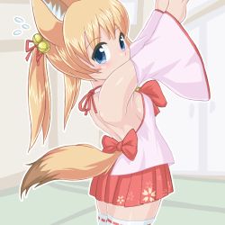Rule 34 | 1girl, animal ears, bare back, bell, blonde hair, blue eyes, blurry, blurry background, bow, breasts, commentary request, cowboy shot, detached sleeves, door, eyebrows, floral print, fox ears, from side, hair bell, hair ornament, hands up, indoors, kemomimi oukoku kokuei housou, looking at viewer, microskirt, mikoko (kemomimi oukoku kokuei housou), neck ribbon, pink shirt, pleated skirt, red bow, red ribbon, red skirt, ribbon, shirt, sideboob, skirt, small breasts, solo, tatami, thighhighs, twintails, virtual youtuber, wall, winn, zettai ryouiki