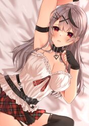 Rule 34 | 1girl, arm behind head, arm strap, arm up, armpits, belt, black belt, black collar, black garter straps, black gloves, black hair, black thighhighs, blush, braid, breasts, camisole, cleavage, collar, ear piercing, fingerless gloves, garter straps, gloves, grey hair, hair ornament, heart belt, heart collar, hololive, large breasts, looking at viewer, medium hair, multicolored hair, nail polish, open mouth, piercing, pleated skirt, red eyes, red nails, red skirt, reianly, sakamata chloe, single braid, skirt, streaked hair, thighhighs, virtual youtuber, white camisole, x hair ornament