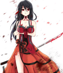 Rule 34 | 1girl, bad id, bad pixiv id, bare shoulders, black hair, breasts, cleavage, dress, highres, katana, large breasts, long hair, original, pixiv, red eyes, solo, sword, voyager289, weapon
