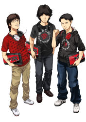 Rule 34 | 3boys, arcade stick, black hair, brown hair, casual, clothes writing, controller, esports, game controller, glasses, headphones, headphones around neck, headset, highres, hood, hoodie, joystick, looking at viewer, mad catz, mago (gamer), male focus, mole, multiple boys, nishiide kengorou, product placement, real life, revision, shirt, shoes, short hair, simple background, smile, sneakers, t-shirt, tokido (gamer), umehara: to live is to game, umehara daigo, white background
