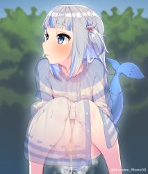 Rule 34 | 1girl, blue eyes, blush, breasts, censored, fins, fish tail, gawr gura, heart, heart censor, highres, hololive, hololive english, long hair, nipples, peeing, pussy, shark tail, silver hair, small breasts, solo, squatting, tail, virtual youtuber, x-ray, yoshiwa tomo