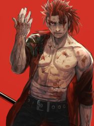 Rule 34 | 1boy, arm up, bandages, belt, blood, blood on clothes, blood on face, blood on hands, bruise, chinese clothes, collar, cowboy shot, fate/extra, fate/grand order, fate (series), hair ornament, hair over one eye, holding, injury, li shuwen (fate), li shuwen (young) (fate), li shuwen (young) (third ascension) (fate), long hair, looking at viewer, makeup, male focus, muscular, nipples, one eye closed, open mouth, pants, partially undressed, pectorals, polearm, ponytail, red background, red hair, rott ur, solo, toned, toned male, upper body, weapon
