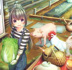 Rule 34 | 1girl, :d, aiuabo, animal, basket, bird, black eyes, black hair, bowl, bracelet, bucket, chicken, commentary request, farm, farmer, food, gloves, holding, holding food, holding vegetable, jewelry, lettuce, long sleeves, looking at viewer, mud, open mouth, original, outdoors, overalls, pig, pocket, ponytail, shirt, sidelocks, smile, solo, stepping stones, striped clothes, striped shirt, trowel, vegetable, watering can