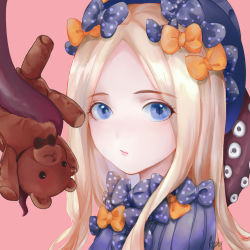 Rule 34 | 1girl, abigail williams (fate), artist name, artist request, black bow, black hat, blonde hair, blue eyes, bow, commentary, dress, face, fate/grand order, fate (series), hat, highres, long hair, looking at viewer, multiple bows, orange bow, parted bangs, polka dot, polka dot bow, solo, stuffed animal, stuffed toy, teddy bear, tentacles