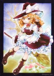 Rule 34 | 1girl, apron, bad id, bad pixiv id, blonde hair, boots, bow, braid, brown dress, brown gloves, cross-laced footwear, dress, fingerless gloves, funnyfunny, gloves, hat, hat bow, kirisame marisa, marker (medium), mushroom, open mouth, puffy short sleeves, puffy sleeves, short sleeves, single braid, smile, solo, touhou, traditional media, tree, waist apron, witch hat