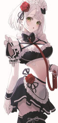 Rule 34 | 1girl, absurdres, alternate costume, animal collar, black bow, black skirt, black thighhighs, bow, braid, breasts, collar, commentary, cowboy shot, crop top, crown braid, flower, genshin impact, green eyes, hair flower, hair ornament, highres, indol, looking at viewer, maid headdress, medium breasts, midriff, navel, noelle (genshin impact), open mouth, parted bangs, red collar, red flower, red rose, rose, short hair, simple background, skirt, stomach, thighhighs, white background, white hair, white headdress