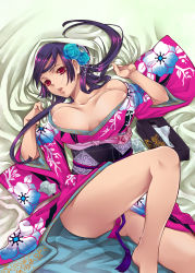 Rule 34 | 1girl, breasts, bursting breasts, censored, cleavage, convenient censoring, floral print, highres, hochikisu, japanese clothes, kimono, large breasts, legs, long hair, lying, on back, original, purple hair, solo, thighs, yukata