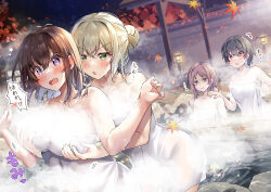 Rule 34 | 4girls, :o, @ @, autumn leaves, black hair, blush, breast envy, breasts, brown hair, collarbone, commentary request, embarrassed, frown, grabbing, grabbing another&#039;s breast, hair between eyes, hawawa-chan (shiro kuma shake), highres, lantern, large breasts, multiple girls, naked towel, night, onsen, open mouth, original, outdoors, partially submerged, pointing, purple eyes, shiro kuma shake, short hair, short twintails, sidelocks, solo, steam, towel, twintails, v-shaped eyebrows, wavy mouth, white towel