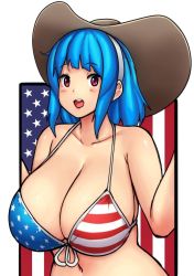Rule 34 | 1girl, american flag, american flag background, american flag bikini, american flag print, bikini, blue hair, breasts, cleavage, cowboy hat, erkaz, eyebrows, flag print, fourth of july, happy, hat, headband, highres, huge breasts, navel, open mouth, original, red eyes, rina atherina, smile, swimsuit, white headband