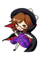 Rule 34 | 1girl, bad id, bad pixiv id, bolo tie, book, bow, brown eyes, brown hair, cape, chibi, glasses, gloves, hat, hat bow, ookashippo, open mouth, outline, outstretched arm, plaid, plaid skirt, plaid vest, purple skirt, purple vest, red-framed eyewear, semi-rimless eyewear, shirt, simple background, skirt, smile, solo, touhou, under-rim eyewear, usami sumireko, vest, white background, white gloves, white shirt, yellow eyes