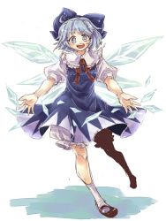 Rule 34 | 1girl, blue eyes, blue hair, bow, cirno, full body, hair bow, ice, ice wings, matching hair/eyes, namuko, open hands, open mouth, short hair, solo, touhou, wings