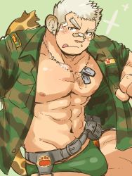Rule 34 | 1boy, :q, abs, bandaid, bandaid on face, bandaid on nose, bara, bare pectorals, blush, briefs, bulge, camouflage, camouflage shirt, dog tags, green male underwear, highres, large pectorals, male focus, male underwear, muscular, muscular male, navel, navel hair, nipples, open clothes, open shirt, panther boy, panther ears, panther tail, pectorals, shirt, short hair, sketch, solo, stomach, suv (suv032), thick eyebrows, thighs, tokyo houkago summoners, tongue, tongue out, underwear, valiant wrestler (housamo), white hair