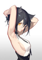 Rule 34 | 1girl, adjusting hair, animal ears, arknights, armpits, arms behind head, arms up, backless outfit, backless shirt, black choker, black hair, black necktie, black pants, breasts, buttons, choker, closed mouth, collar, commentary, covered erect nipples, english commentary, expressionless, eyelashes, eyyy, from side, gradient background, grey background, hair between eyes, hands in own hair, high-waist pants, high-waist sideboob, highres, lips, looking at viewer, medium breasts, necktie, orange eyes, pants, shirt, short hair, sideboob, sidelocks, sideways glance, simple background, sleeveless, sleeveless shirt, solo, texas (arknights), upper body, white background, white shirt, wolf ears, wolf girl