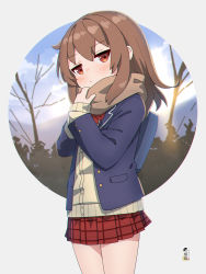 Rule 34 | 1girl, backpack, bag, blazer, blue jacket, blush, brown cardigan, brown hair, brown scarf, cardigan, closed mouth, commentary, commission, day, hands up, highres, jacket, kuro kosyou, long sleeves, looking at viewer, open clothes, open jacket, original, pleated skirt, red eyes, red skirt, scarf, school uniform, skeb commission, skirt, sleeves past wrists, solo