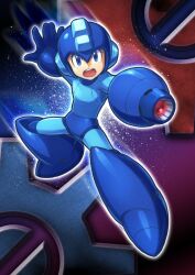 Rule 34 | 1boy, arm cannon, blue bodysuit, blue eyes, blue helmet, bodysuit, full body, gears, hashtag-only commentary, helmet, hi-go!, highres, male focus, mega buster, mega man (character), mega man (classic), mega man (series), mega man 11, outstretched arms, solo, weapon