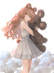 Rule 34 | 1girl, absurdres, animal ears, bear ears, bear tail, bright pupils, brown eyes, brown hair, closed mouth, dress, from side, highres, hugging doll, hugging object, io (io oekaki), long hair, looking at viewer, looking to the side, original, signature, solo, stuffed animal, stuffed toy, tail, teddy bear, white dress, white pupils