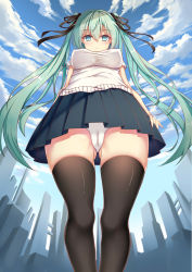 Rule 34 | 1girl, absurdres, aqua eyes, aqua hair, black skirt, breasts, cameltoe, city, cloud, cloudy sky, covered erect nipples, day, gluteal fold, hair between eyes, hair ornament, hair ribbon, hatsune miku, highres, jayce (shinmai), long hair, looking at viewer, looking down, midriff, nipples, panties, ribbon, serious, simple background, skirt, sky, solo, sweater, thighhighs, twintails, underwear, vocaloid