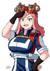 Rule 34 | 1girl, absurdres, boku no hero academia, breasts, fingerless gloves, gloves, goggles, goggles on head, hatsume mei, highres, jacket, large breasts, medium hair, open mouth, pink hair, ryoung 10, sleeves rolled up, smile, solo, symbol-shaped pupils, track jacket, white background, yellow eyes