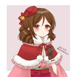 Rule 34 | 1girl, beige background, black gloves, border, bow, brown hair, capelet, cocoperino, drill hair, fur-trimmed capelet, fur trim, gloves, hair bow, hakama, harukaze (kancolle), japanese clothes, kantai collection, kimono, long hair, looking at viewer, meiji schoolgirl uniform, one-hour drawing challenge, pink kimono, red bow, red capelet, red eyes, red hakama, red headwear, solo, twin drills, two-tone background, upper body, white border