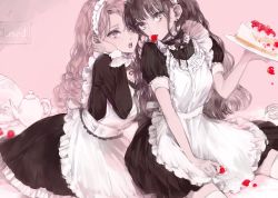 Rule 34 | 2girls, apron, black hair, blonde hair, cake, dress, food, food in mouth, frilled apron, frilled hairband, frills, fruit, hairband, holding, holding plate, indoors, kakmxxxny06, long hair, long sleeves, looking at viewer, maid, maid apron, maid headdress, multiple girls, original, plate, short sleeves, sitting, strawberry, strawberry shortcake, teapot, white apron