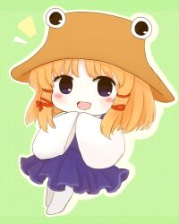 Rule 34 | 1girl, blonde hair, blush, bow, brown hat, chibi, dress, full body, green background, grey pantyhose, hair bow, hair ornament, hands up, hat, long sleeves, looking at viewer, moriya suwako, no shoes, open mouth, own hands together, pantyhose, parted bangs, pinafore dress, polka dot, polka dot background, purple dress, purple eyes, red bow, rei (tonbo0430), shadow, shirt, short hair, simple background, sleeveless, sleeveless dress, smile, solo, standing, tongue, touhou, white shirt, wide sleeves