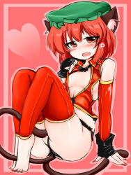 Rule 34 | 1girl, alternate costume, animal ears, areola slip, barefoot, blush, breasts, brown hair, cat ears, cat girl, cat tail, chen, covered erect nipples, crotchless, crotchless panties, fang, female focus, female masturbation, fingerless gloves, full body, gloves, hat, heart, masturbation, multiple tails, nipples, okiraku nikku, open mouth, panties, pussy, red eyes, red hair, red thighhighs, revealing clothes, short hair, sketch, small breasts, solo, tail, tail masturbation, thighhighs, toeless legwear, toes, touhou, underwear