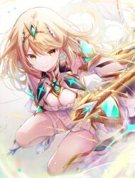 Rule 34 | 1girl, bare legs, blonde hair, breasts, chest jewel, cleavage cutout, closed mouth, clothing cutout, commentary, core crystal (xenoblade), dress, earrings, floating hair, highres, jewelry, long hair, looking at viewer, medium breasts, mythra (xenoblade), simple background, smile, solo, swept bangs, tiara, ui frara, very long hair, white background, white dress, xenoblade chronicles (series), xenoblade chronicles 2, yellow eyes
