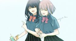 2girls aki_(neyuki41028) black_hair black_skirt bow bowtie breasts closed_eyes gridman_universe holding large_breasts long_hair multiple_girls open_mouth pink_bow red_bow school_uniform scrunchie shinjou_akane shirt short_hair simple_background skirt smile ssss.gridman takarada_rikka wrist_scrunchie