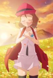 Rule 34 | 10s, 1girl, absurdres, black thighhighs, blush, breasts, brown hair, closed eyes, closed mouth, cowboy shot, creatures (company), field, flower, flower field, game freak, gazing eye, hat, highres, miniskirt, nintendo, open clothes, open vest, outdoors, petals, pokemon, pokemon (anime), pokemon xy, pokemon xy (anime), red vest, serena (pokemon), short hair, skirt, sleeveless, small breasts, smile, solo, standing, thighhighs, vest, zettai ryouiki