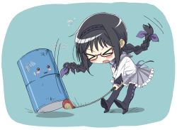Rule 34 | &gt; &lt;, 10s, 1girl, :3, :o, akemi homura, alternate hairstyle, alternate weapon, argyle, argyle clothes, argyle legwear, black hair, black pantyhose, blush, blush stickers, bow, braid, chibi, closed eyes, drum (container), frilled skirt, frills, glasses, golf club, hair bow, hair ornament, hairband, high heels, kuuyuu, kyubey, long hair, magical girl, mahou shoujo madoka magica, mahou shoujo madoka magica (anime), objectification, open mouth, pantyhose, pleated skirt, red-framed eyewear, red eyes, ribbon, shoes, simple background, skirt, solo, sweatdrop, twin braids, weapon