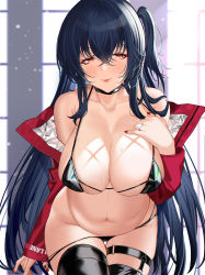 Rule 34 | 1girl, azur lane, bare shoulders, bikini, bikini pull, black bikini, black choker, black hair, black thighhighs, blush, breasts, choker, cleavage, clothes pull, covered erect nipples, eyewear on head, hair between eyes, highres, huge breasts, jacket, jewelry, leaning forward, long hair, looking at viewer, mako (makoda), navel, official alternate costume, ornate ring, pregnant, pulling own clothes, race queen, red eyes, red jacket, ring, smile, solo, sweat, swimsuit, taihou (azur lane), taihou (enraptured companion) (azur lane), thighhighs, wedding ring