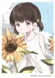 1girl :o absurdres arms_behind_back blue_sky blush border borrowed_character brown_eyes brown_hair child cloud cloudy_sky commentary dress flower hair_flower hair_ornament highres ic_(iccccccccc81) looking_at_viewer open_mouth original outdoors short_hair short_twintails sky sleeveless sleeveless_dress solo sundress sunflower tareme twintails white_border white_dress yellow_flower