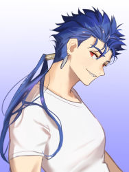 Rule 34 | 1boy, absurdres, blue background, blue hair, cu chulainn (fate), cu chulainn (fate/stay night), earrings, fate/stay night, fate (series), gradient background, grin, hair strand, highres, jewelry, long hair, looking at viewer, male focus, marimo (nogdujeon), messy hair, ponytail, red eyes, shirt, simple background, smile, solo, upper body, white shirt