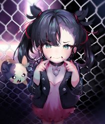 Rule 34 | 1girl, absurdres, asymmetrical bangs, black choker, black hair, black jacket, black nails, breasts, chain-link fence, choker, cleavage, closed mouth, commentary request, creatures (company), dress, earrings, fence, fingersmile, game freak, gen 8 pokemon, green eyes, hair ribbon, hands up, highres, jacket, jewelry, looking at viewer, marnie (pokemon), morpeko, morpeko (full), nail polish, nintendo, open clothes, open jacket, peach5828, pink dress, pokemon, pokemon (creature), pokemon swsh, red ribbon, ribbon, smile, sweatdrop