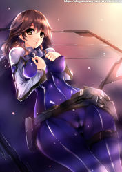 Rule 34 | 10s, 1girl, blush, bodysuit, breasts, brown eyes, brown hair, cameltoe, earrings, guilty crown, highres, jewelry, large breasts, long hair, looking at viewer, mature female, open mouth, ouma haruka, ouma kurosu, perky breasts, shy, skin tight, solo, thigh gap, windforcelan