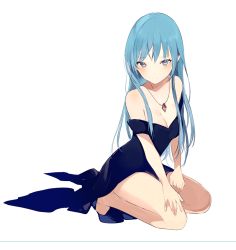 Rule 34 | 1girl, aqua hair, bad id, bad tumblr id, bare legs, bare shoulders, blue dress, blush, breasts, cleavage, dress, gem, hands on own thighs, jewelry, kneeling, long dress, long hair, looking at viewer, lpip, medium breasts, necklace, original, pendant, purple eyes, seiza, simple background, sitting, solo, strapless, strapless dress, white background