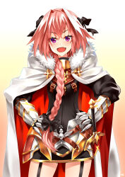 Rule 34 | absurdres, astolfo (fate), bad link, black bow, blush, bow, braid, cape, fang, fate/apocrypha, fate/grand order, fate (series), fur-trimmed cape, fur trim, garter straps, gauntlets, hair bow, hair intakes, highres, long braid, long hair, male focus, mk (lazymk), multicolored hair, open mouth, pink hair, purple eyes, ribbon, single braid, skin fang, smile, solo, streaked hair, sword, trap, two-sided cape, two-sided fabric, weapon, white cape, white hair