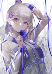 Rule 34 | 1girl, absurdres, arm up, blue eyes, blue nails, blue ribbon, blush, breasts, closed mouth, commentary, dress, earrings, flower, frills, grey hair, hair ornament, hairclip, hand up, highres, holding, holding flower, holding ribbon, jacket, jewelry, looking at viewer, medium hair, nail polish, original, oyuyu, ribbon, see-through, see-through jacket, see-through sleeves, small breasts, solo, upper body, white dress
