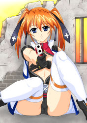 Rule 34 | 1girl, black gloves, black panties, blue eyes, blush, breasts, breasts out, cameltoe, cleft of venus, closed mouth, covering privates, covering breasts, gloves, gun, handgun, highres, looking at viewer, lyrical nanoha, magical girl, mahou shoujo lyrical nanoha strikers, no bra, orange hair, panties, pistol, small breasts, smile, solo, teana lanster, thighhighs, twintails, underwear, weapon, white thighhighs