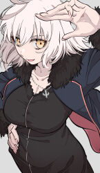 Rule 34 | 1girl, absurdres, anianiani0607, fate/grand order, fate (series), fur trim, highres, jeanne d&#039;arc alter (fate), jeanne d&#039;arc alter (ver. shinjuku 1999) (fate), jewelry, necklace, open mouth, simple background, smile, solo, type-moon, upper body, white background, white hair, yellow eyes