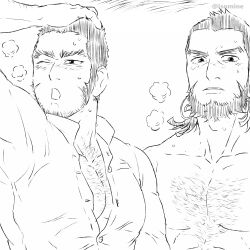 Rule 34 | 2boys, bara, beard, beard stubble, blush, breath, buzz cut, chest hair peek, clothed male nude male, collared shirt, facial hair, facial scar, golden kamuy, hand on own head, isomine, kiroranke, large pectorals, long sideburns, male focus, mature male, multiple boys, muscular, muscular male, nude, open mouth, pectoral cleavage, pectorals, scar, scar on cheek, scar on face, shirt, short hair, sideburns, stubble, tanigaki genjirou, thick eyebrows, tight clothes, tight shirt, upper body, very short hair