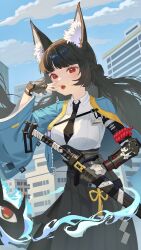 1girl absurdres animal_ear_fluff black_gloves black_hair black_necktie black_skirt blue_sky blunt_bangs building cityscape cloud dress_shirt fingerless_gloves gauntlets gloves green_jacket high-waist_skirt highres holding holding_sword holding_weapon hoshimi_miyabi jacket katana long_hair looking_at_viewer necktie open_mouth outdoors red_eyes rwhs shirt sidelocks single_fingerless_glove skirt sky solo sword tailless_(zenless_zone_zero) weapon white_shirt zenless_zone_zero