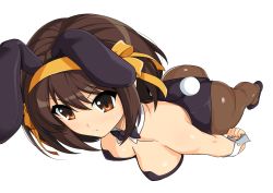 Rule 34 | 1girl, absurdres, animal ears, ass, black footwear, black leotard, breasts, brown eyes, brown hair, cleavage, closed mouth, detached collar, fake animal ears, fake tail, hair ornament, hairband, haruhisky, highres, leotard, medium breasts, pantyhose, playboy bunny, rabbit tail, shiny clothes, shiny skin, simple background, solo, strapless, strapless leotard, suzumiya haruhi, suzumiya haruhi no yuuutsu, tail, white background, wrist cuffs