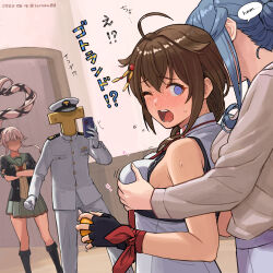 Rule 34 | 1boy, 3girls, admiral (kancolle), ahoge, black footwear, black gloves, black jacket, blue eyes, blue hair, blush, boots, braid, breasts, brown hair, buttons, cellphone, chest harness, commentary request, dated, fingerless gloves, food, fruit, gloves, gotland (kancolle), grey sailor collar, grey skirt, hair flaps, harness, hat, holding, holding food, holding fruit, holding phone, jacket, kantai collection, knee boots, large breasts, long hair, long sleeves, mandarin orange, military uniform, multiple girls, naval uniform, necktie, one eye closed, open clothes, open jacket, pants, peaked cap, phone, pink hair, pleated skirt, ponytail, red necktie, sailor collar, shigure (kancolle), shigure kai san (kancolle), single braid, skirt, sleeveless, smartphone, speech bubble, swedish flag, t-head admiral, tantaka, translated, twitter username, uniform, white gloves, white headwear, white pants