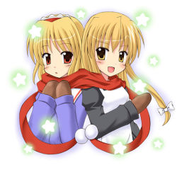 Rule 34 | 2girls, alice margatroid, blonde hair, blush, exe (artist), female focus, japanese clothes, kirisame marisa, looking at viewer, lowres, mittens, multiple girls, perfect cherry blossom, red scarf, scarf, shared clothes, shared scarf, simple background, star (symbol), touhou, upper body, xe (execut3r)