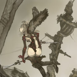 Rule 34 | 1girl, angel wings, ass, boots, breasts, final fantasy, final fantasy tactics, gloves, head wings, juju (poipoipui), leotard, long hair, red eyes, solo, sword, thigh boots, thighhighs, ultima (fft), weapon, white hair, wings