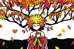 Rule 34 | 1girl, akairiot, autumn, autumn leaves, bare shoulders, blonde hair, breasts, collarbone, expressionless, closed eyes, gradient hair, leaf, medium breasts, multicolored hair, off shoulder, orange hair, original, own hands together, plant hair, red hair, short hair, solo, tree, upper body, white hair